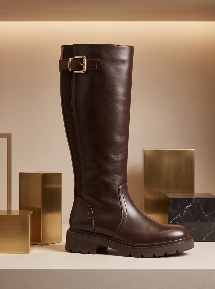 BOTA ALTA DE MUJER MARRÓN CHOCOLATE CON HEBILLA DORADA – SEGOVIA