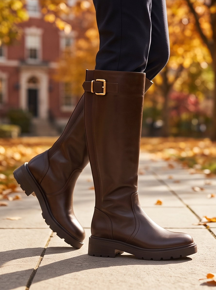 BOTA ALTA DE MUJER MARRÓN CHOCOLATE CON HEBILLA DORADA – SEGOVIA