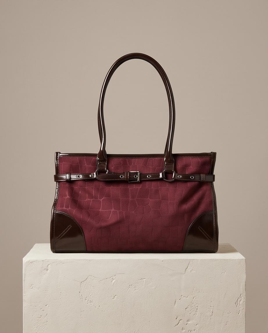BOLSO DE MUJER GRANATE CON ESTAMPADO Y HEBILLA – CARLOTA