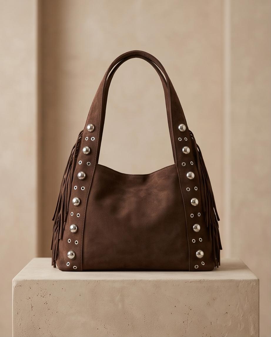 BOLSO DE MUJER MARRÓN CON FLECOS Y DETALLES METÁLICOS – VALENTINA