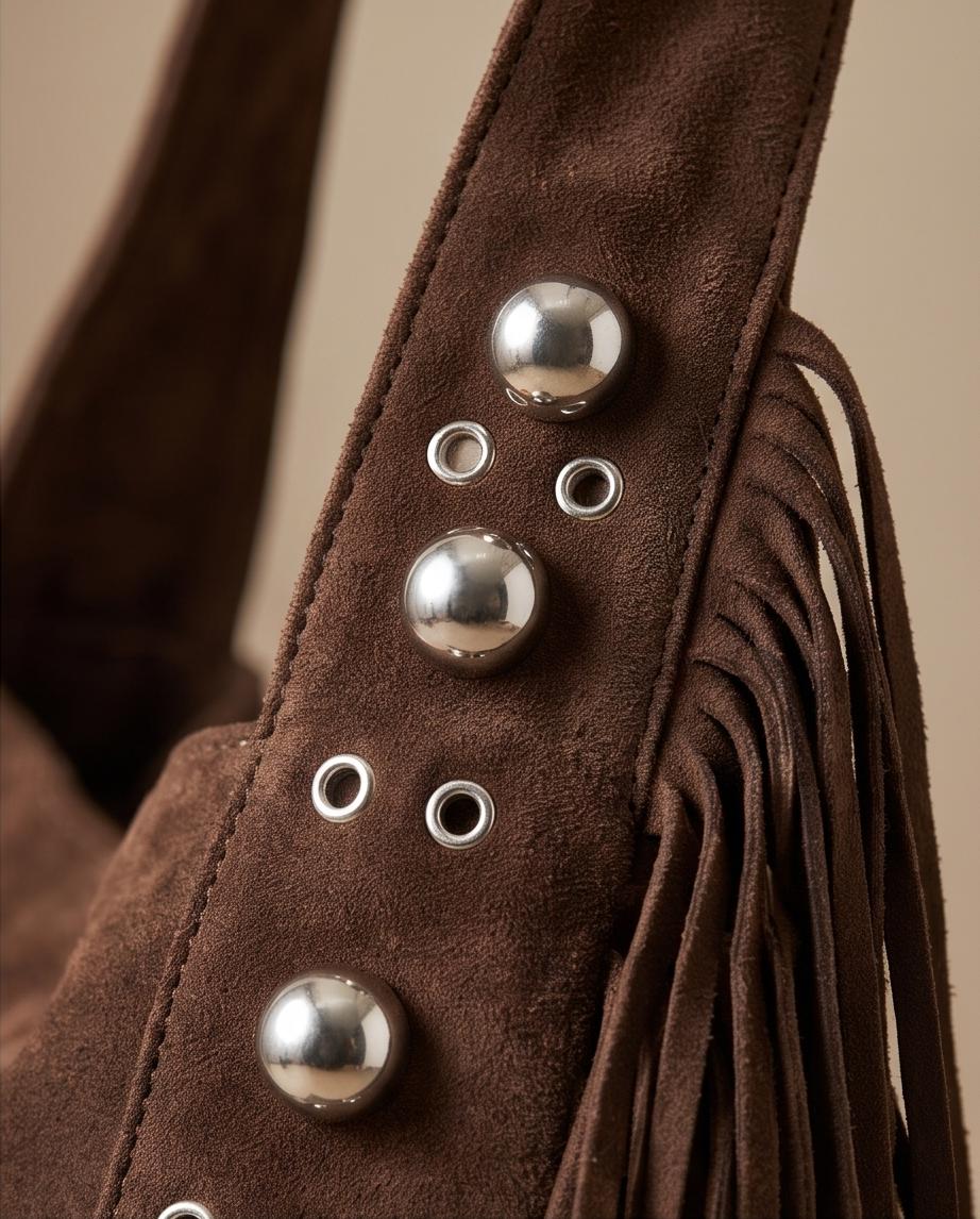 BOLSO DE MUJER MARRÓN CON FLECOS Y DETALLES METÁLICOS – VALENTINA