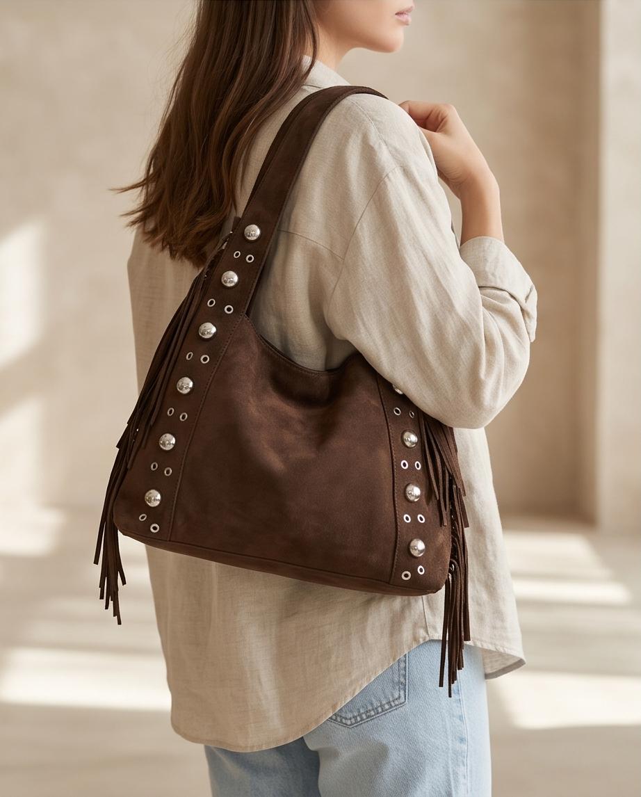 BOLSO DE MUJER MARRÓN CON FLECOS Y DETALLES METÁLICOS – VALENTINA